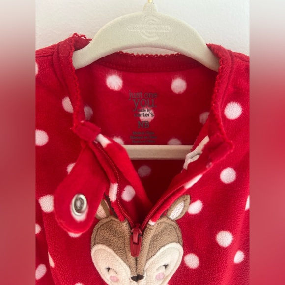 Carter's Red Polka Dot Zip-Up Footie with Cute Reindeer - Newborn Baby Girl - Picture 6 of 7